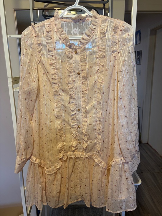 Dresses & Skirts - Sheer Ruffle Button-Front Floral Tunic Dress - Light Peach